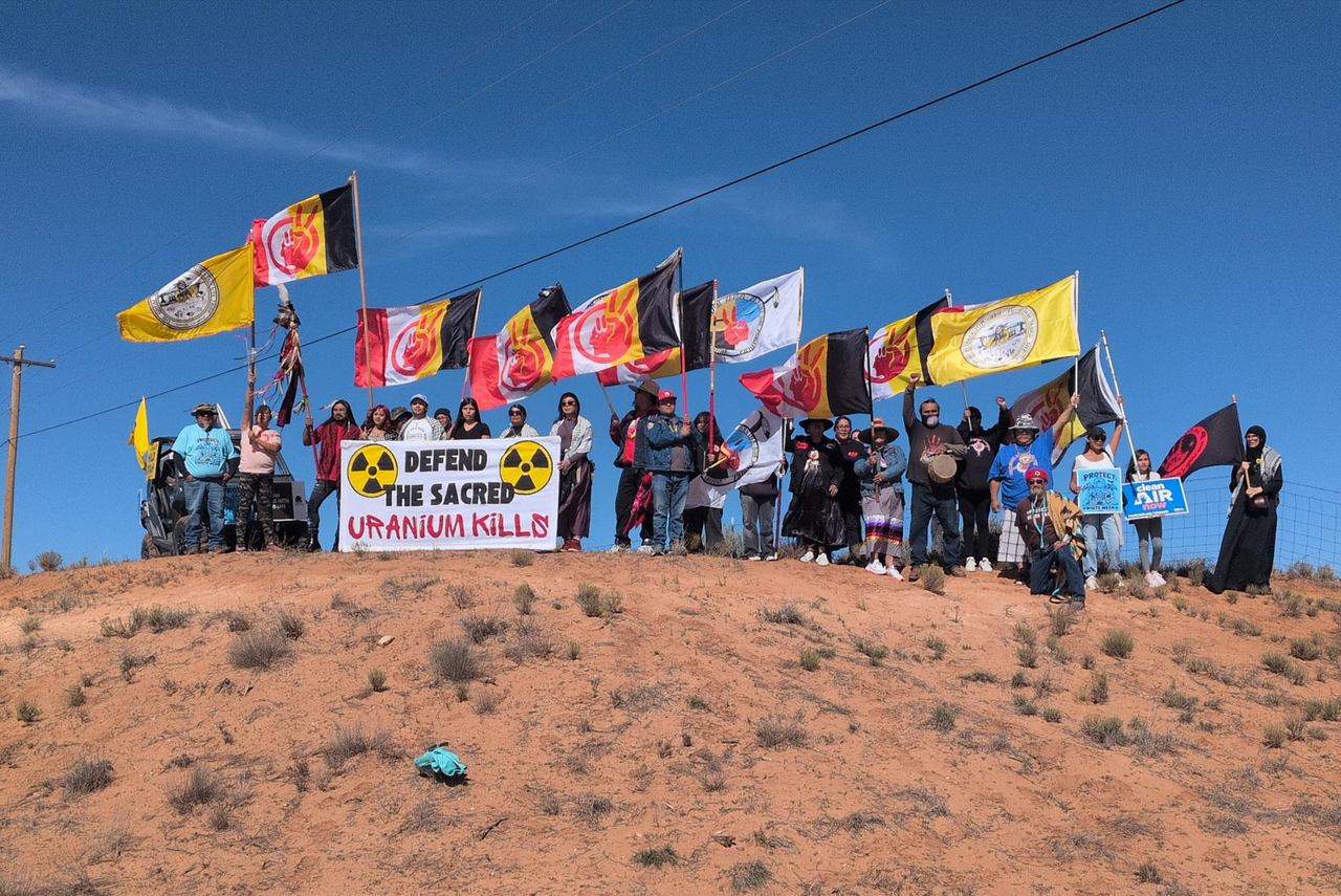 A group of indigenous activists standing on a hill holding flags.