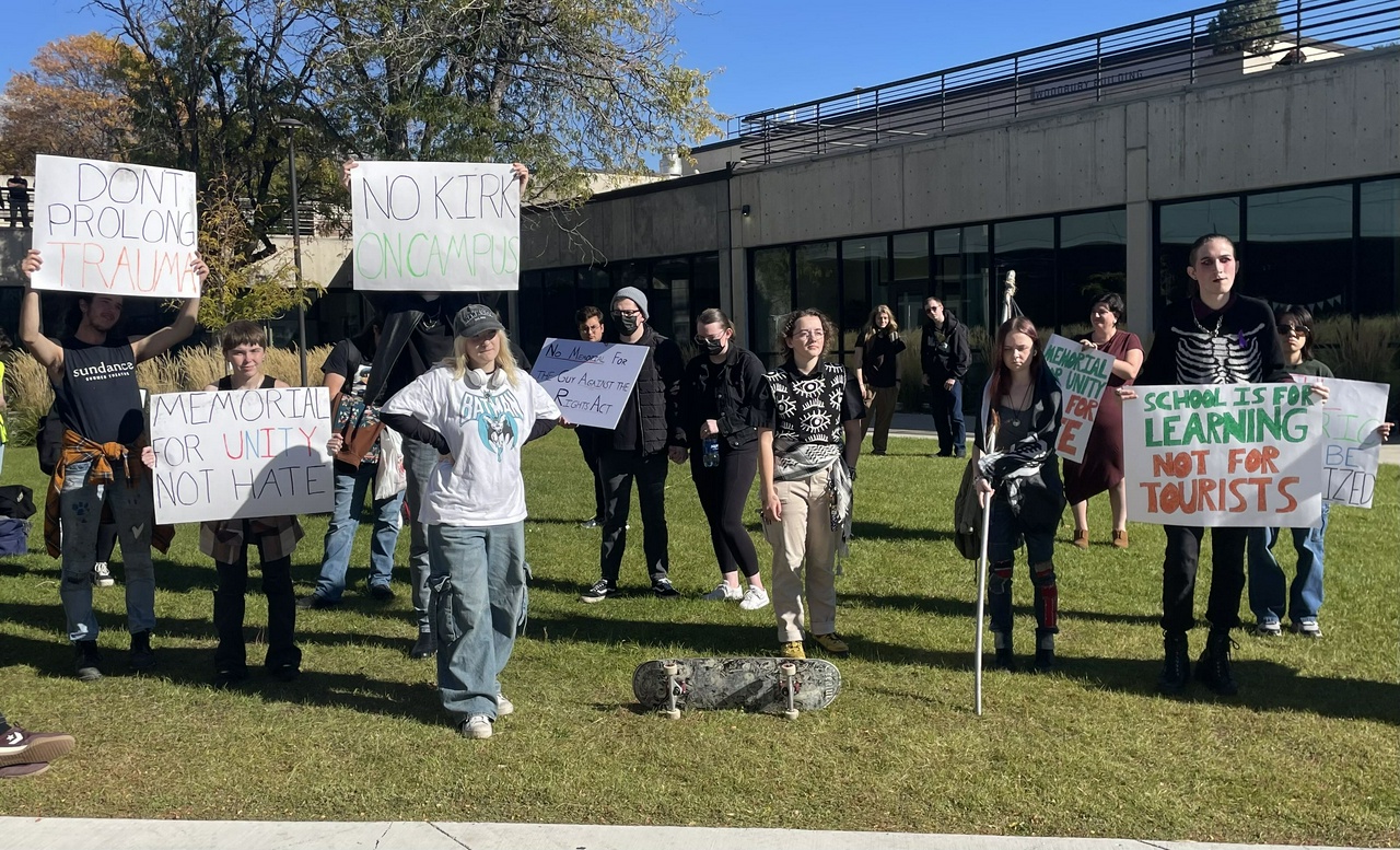 Utah student rally demanding no memorial on campus to bigot Charlie Kirk.