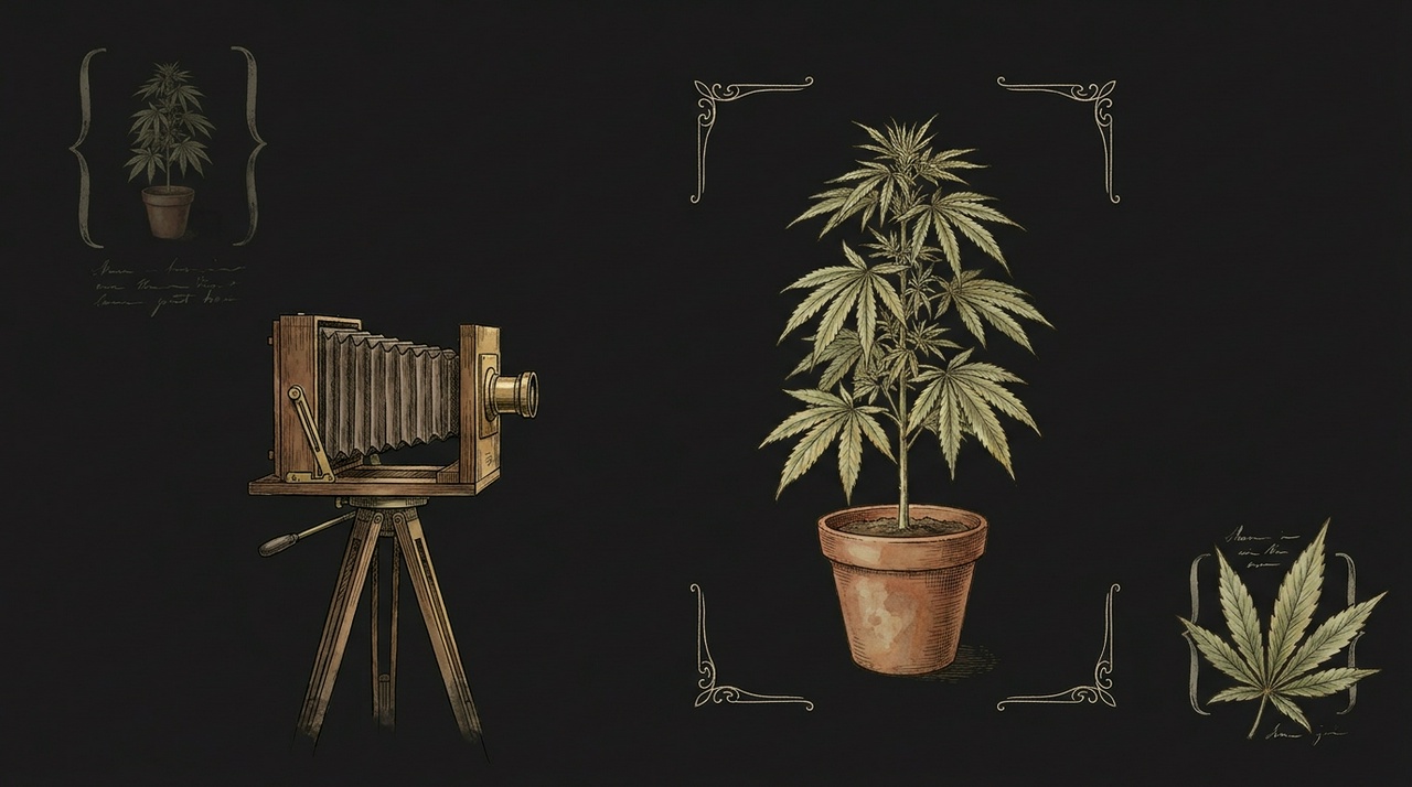 An antique bellows plate camera on a tripod studying a cannabis specimen framed by hand-inked corner brackets, with two faded rejected alternatives in the corners: the plant lost in an oversized frame, and a single leaf overflowing a too-tight crop