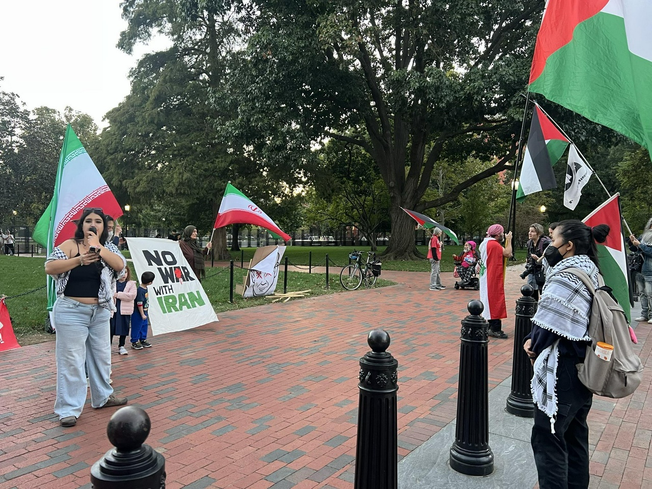Anti-War Committee member Ermiya Fanaeian speaks in front of an effigy of Benjamin Netanyahu, already damaged by protesters. | Fight Back! News