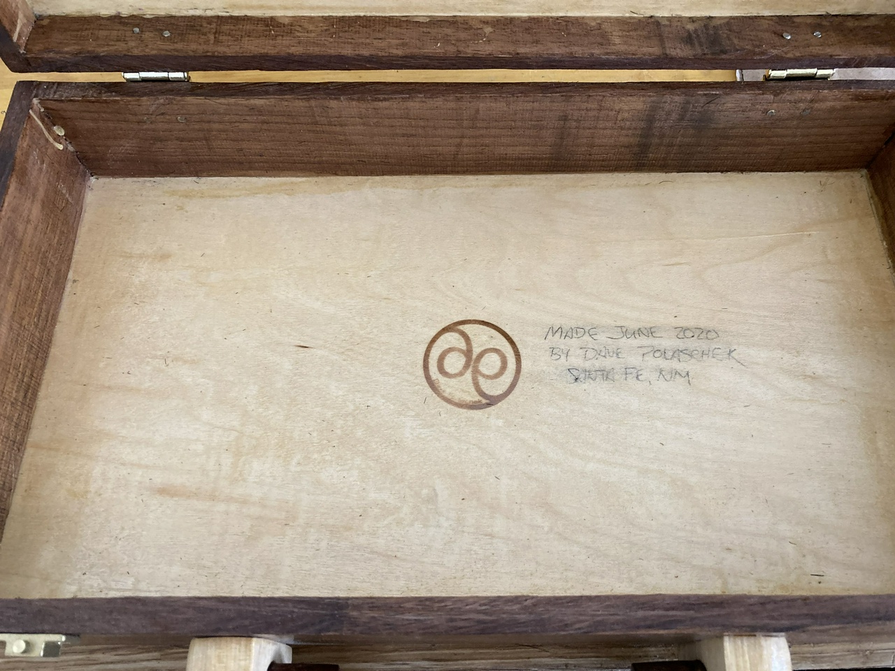 inside of the briefcase, showing my makers mark and the date the case was made