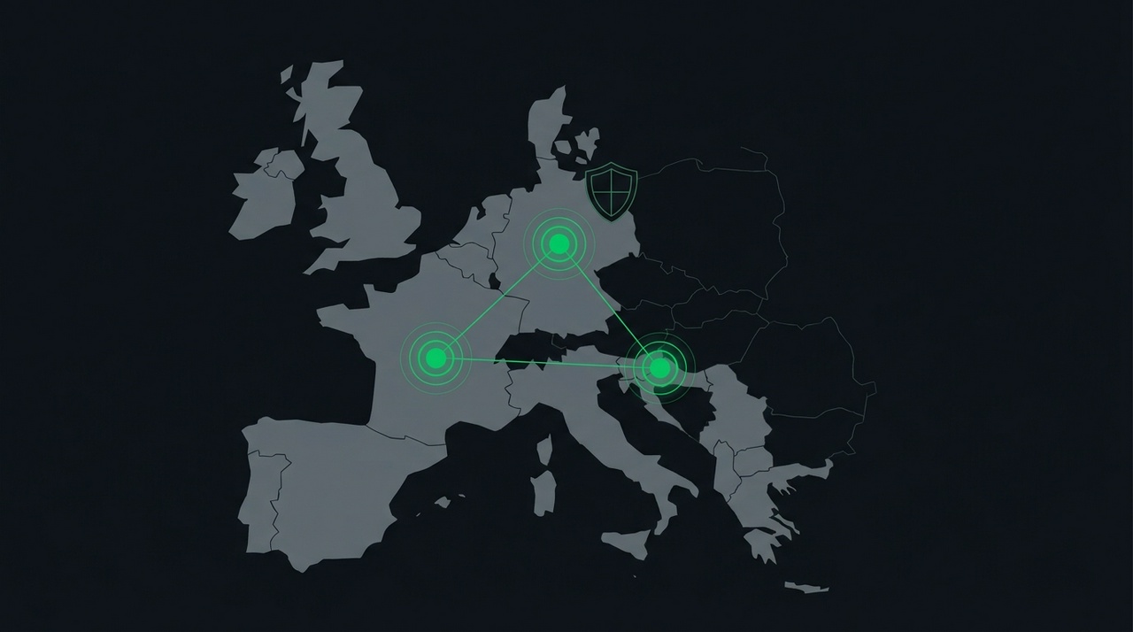 Map of Europe rendered in PlantLab's dark interface palette with bright markers over Germany, Slovenia, and France, representing distributed EU plant diagnosis infrastructure