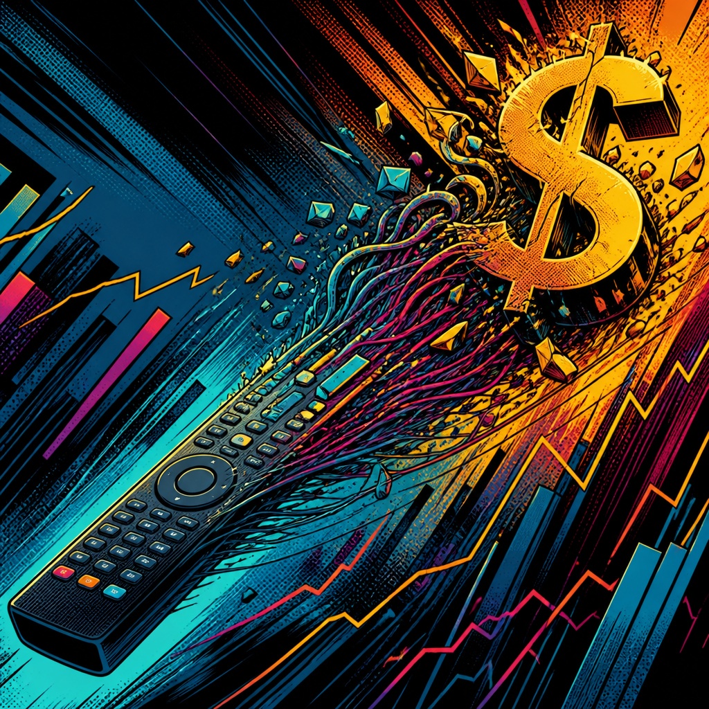 A dynamic, colorful digital illustration features a black remote control with numerous buttons, angled diagonally from the bottom left toward the top right. From the remotes top end, vibrant, tangled wires and geometric shapes in shades of purple, blue, and yellow burst outward, transforming into a large, three-dimensional golden dollar sign ($) that appears to be exploding or emerging with energy. The background is a mix of dark blues and blacks with abstract vertical bars and jagged lines in bright colors like pink, orange, and yellow, resembling financial charts or stock market graphs. The overall style is bold and graphic, with a sense of motion and energy connecting technology and financial growth.