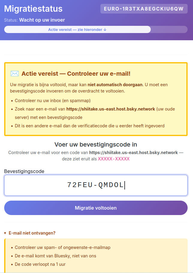 Formulier om nog een bevestigingscode in te vullen en de knop 'Migratie voltooien'