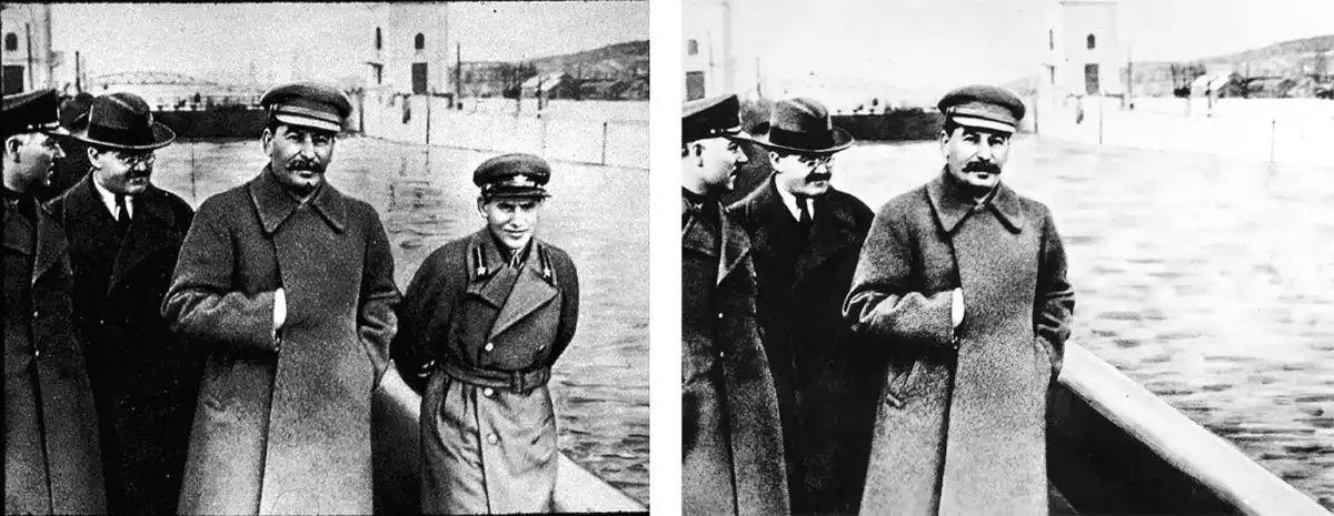Nikolai Yezhov, pictured right of Stalin, was later removed from this photograph at the Moscow Canal - Credit: Fine Art Images/Heritage Images/Getty Images & AFP/GettyImages