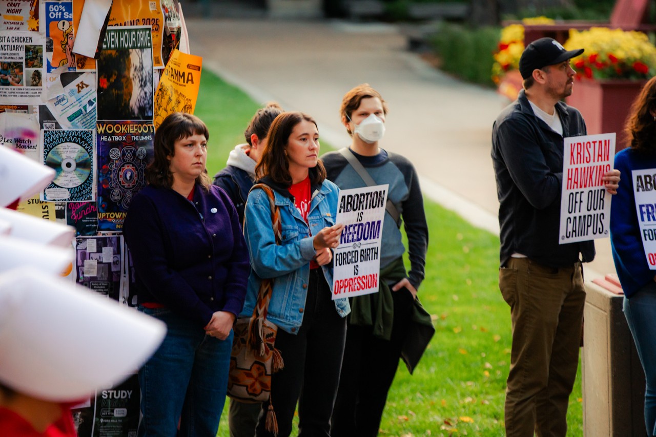 Seventy students and community members gathered outside of Tate Hall at the University of Minnesota to protest the “Abortion is Oppression” tour by Kristan Hawkins, president of Students for Life.  | Ashley Taylor-Gouge/watchmerisempls