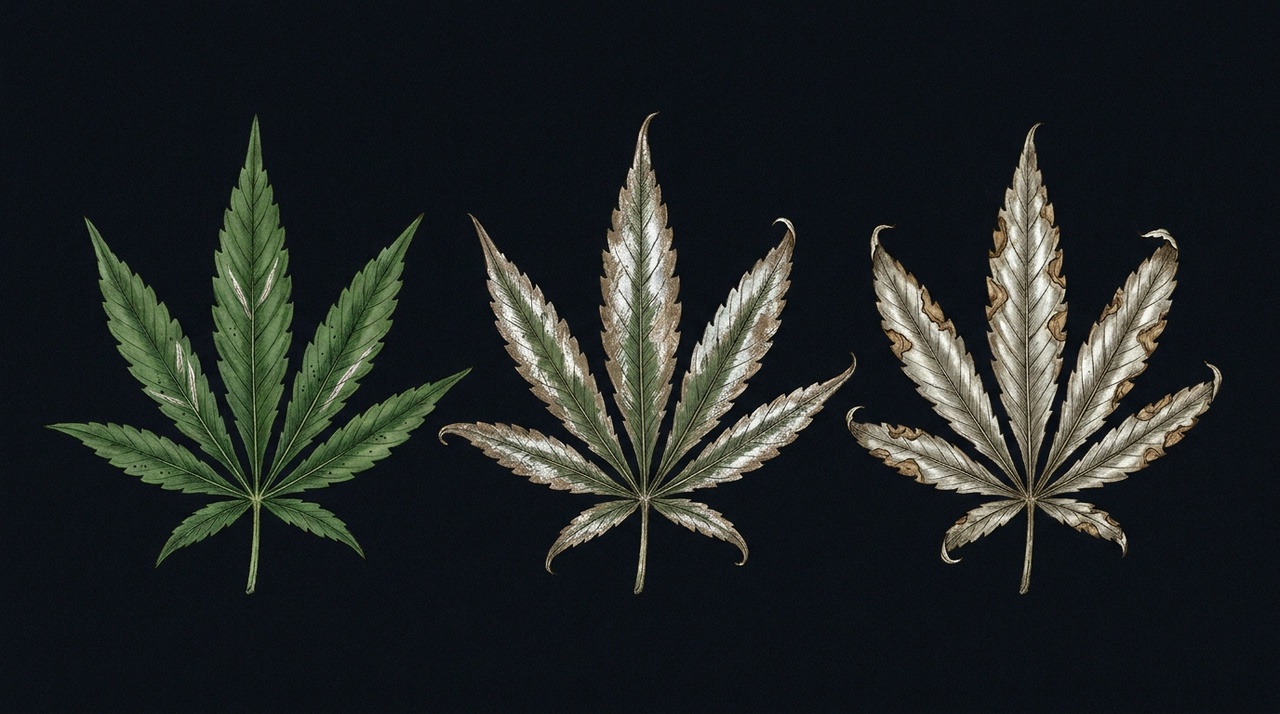 Thrips progression on cannabis - three stages from early streaks to heavy silvering and leaf drop