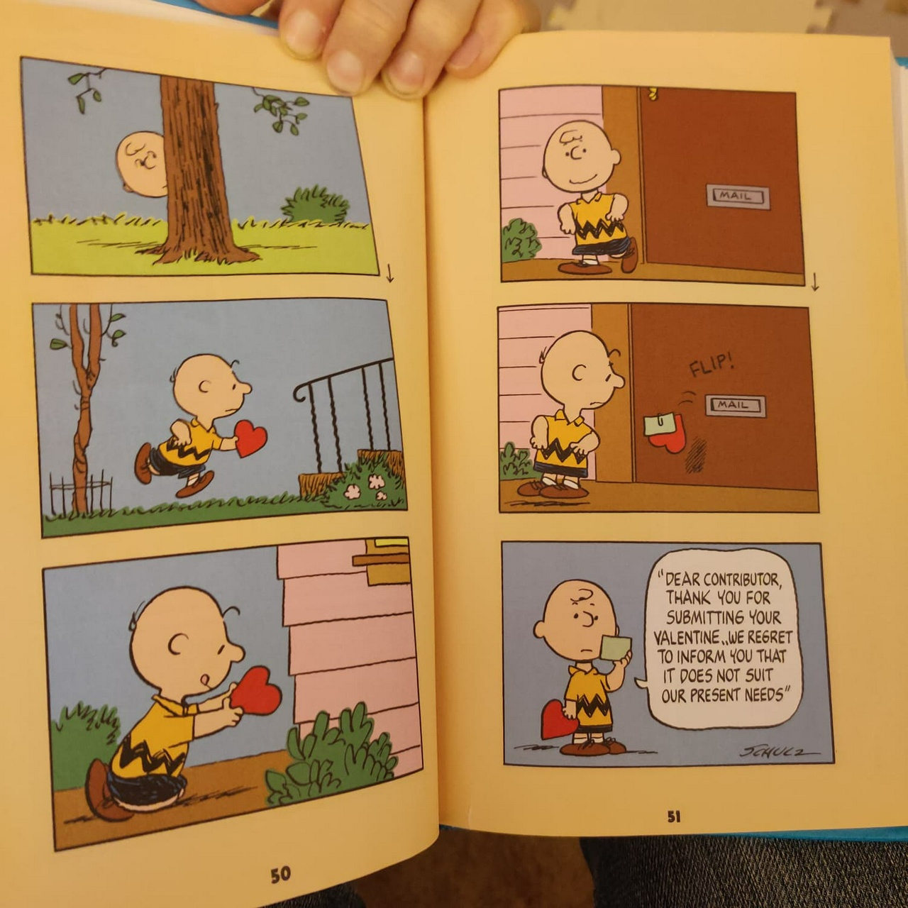 Peanuts comic showing Charlie Browne's valentine getting rejected.