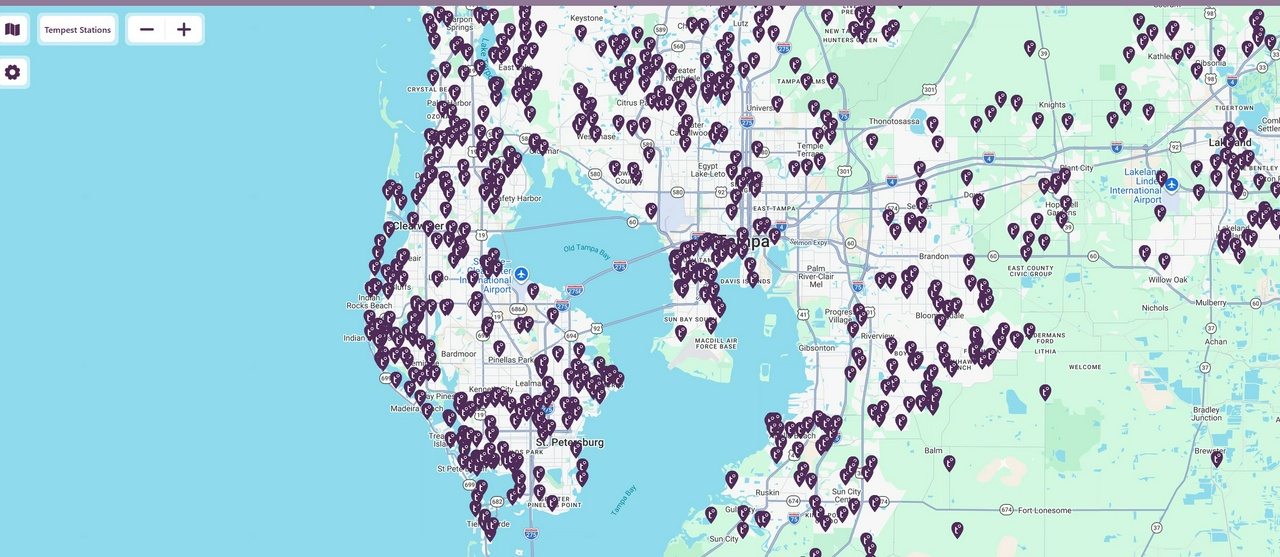 A map of the Tampa Bay area showing a large number of Tempest Weather Station locations across Tampa, St. Petersburg, Clearwater, Brandon, and surrounding communities.