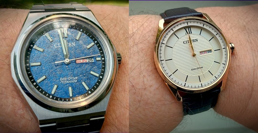 Image: A Citizen Eco-Drive Zenshin (AW0130-85L), and Citizen Classic Eco-Drive (AW0082-01A)