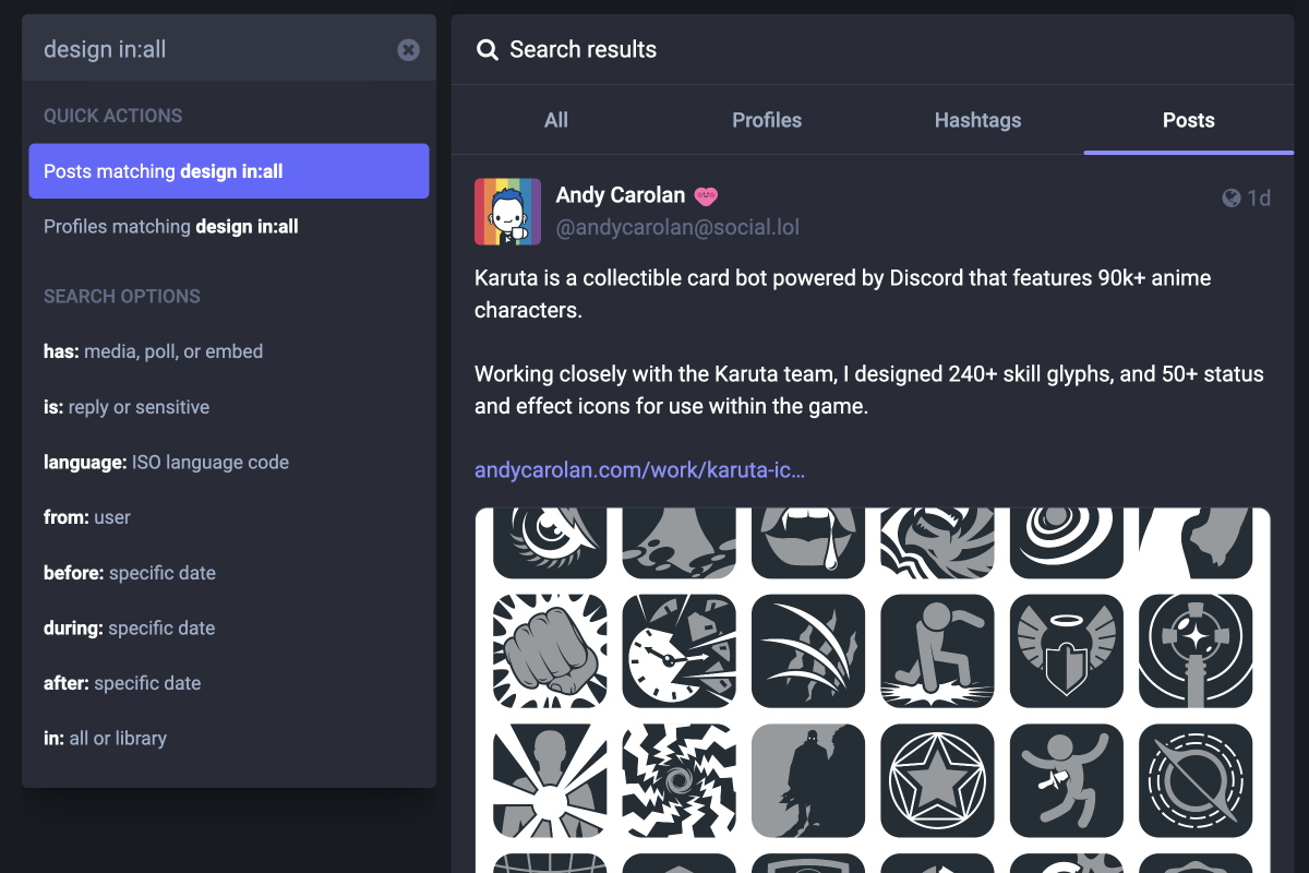 The Mastodon search UI, showing the query ‘design in:all’ populated in the search input. Below it are two quick actions: ‘posts matching design in:all,’ and ‘profiles matching design in:all.’ The search results show the beginning of a scrollable column of posts.