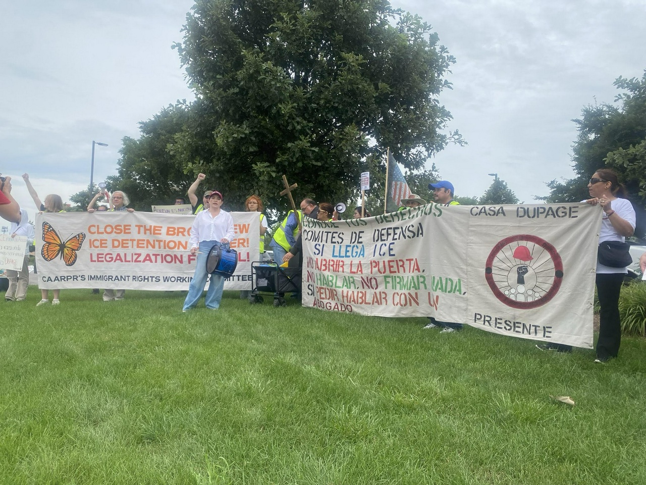 A group of protesters holding banners on a lawn of green grass.