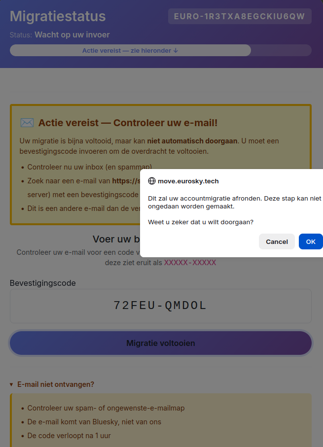 Melding over het starten van de migratie