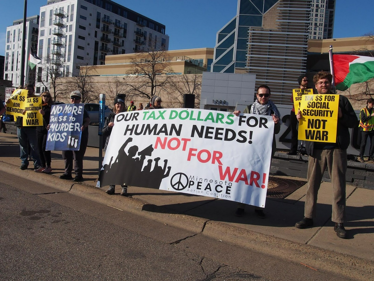 Minnesota Tax Day protest demands money for human needs, not for war.