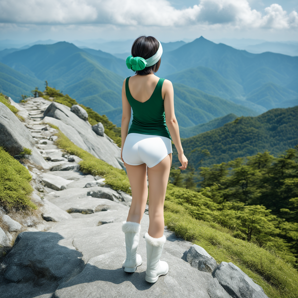best quality, realistic, RAW photo, back view, extremely detailed, full body, a tall ((Japanese)) large breasts wide-hipped fluffy bob cut intelligent beautiful girl going up the mountain and reaching summit in a few minutes, wearing ((dark green headbands)), ((dark green tanktops with a large open chest area)) tucked in ((white tight silky hotpants)), ((white knee boots)).