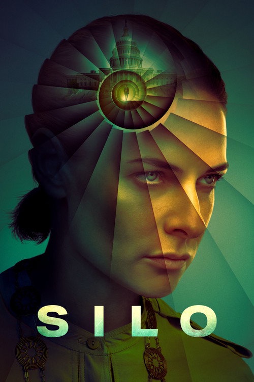 A close-up portrait of a woman with a serious expression, looking slightly to the right. Her face is illuminated with green and yellow tones, creating a dramatic and intense mood. Overlaid on her head is a spiral staircase that narrows toward the center, where a small figure of a person stands in front of a large domed building resembling the U.S. Capitol. The spiral staircase creates a visual effect of depth and introspection, symbolizing complex thoughts or a journey inward. Below the portrait, the word "SILO" is displayed in large, bold, pale green letters. The background is a gradient of dark green shades, complementing the overall mysterious and contemplative atmosphere of the image. A close-up portrait of a woman with a serious expression, looking slightly to the right. Her face is illuminated with green and yellow tones, creating a dramatic and intense mood. Overlaid on her head is a spiral staircase that narrows toward the center, where a small figure of a person stands in front of a large domed building resembling the U.S. Capitol. The spiral staircase creates a visual effect of depth and introspection, symbolizing complex thoughts or a journey inward. Below the portrait, the word "SILO" is displayed in large, bold, pale green letters. The background is a gradient of dark green shades, complementing the overall mysterious and contemplative atmosphere of the image.