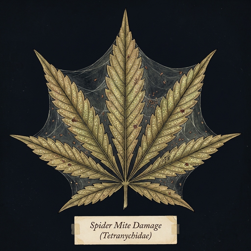 Spider mite damage on cannabis leaf - stippling dots and webbing between leaf fingers