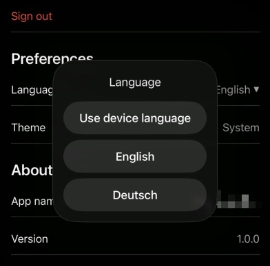 Screenshot of the language switcher, where you can choose between device language, English, or German.