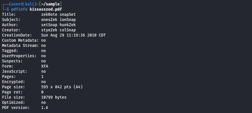 Checking the metadata of the sample document