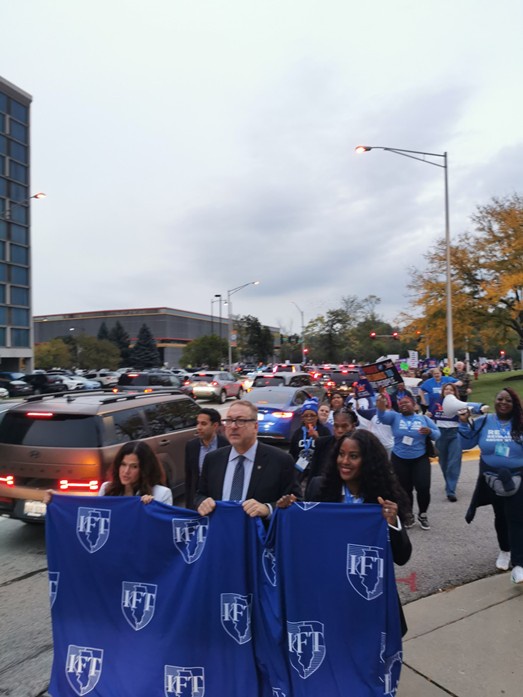 Illinois Federation of Teachers contingent at No Kings rally in Rosemont, Illinois.