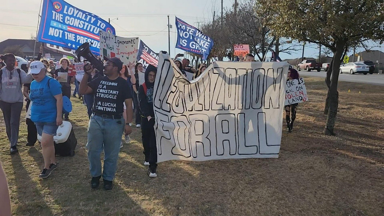 Boswell High School students protest ICE in Saginaw, Texas.