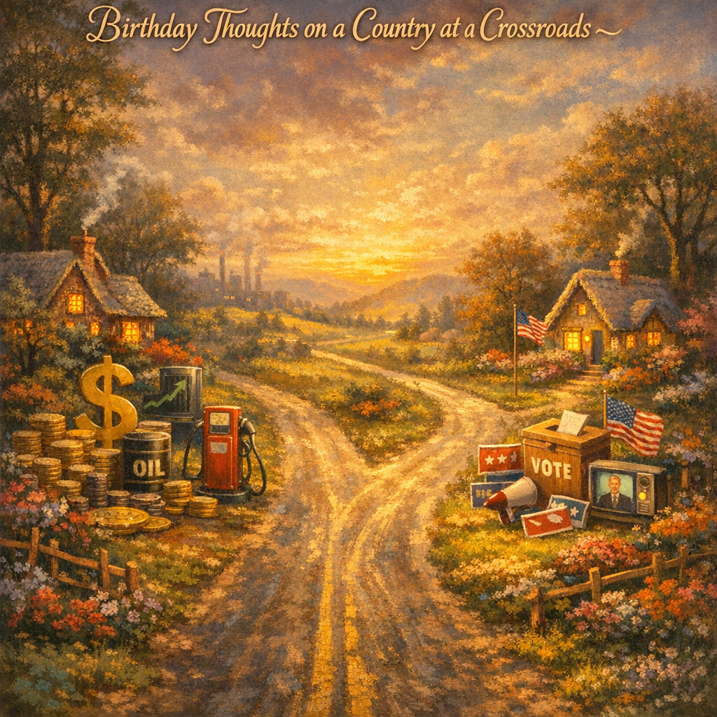 A pastoral scene at sunset with a dirt road splitting into two paths in the center, symbolizing a crossroads. On the left side, near a cozy cottage with smoke rising from the chimney, there are stacks of gold coins, a large gold dollar sign, an oil barrel labeled "OIL," a red gas pump, and a blackboard with a green upward-trending graph, representing economic and industrial interests. In the background, a factory with smokestacks emits smoke into the sky. On the right side, near another similar cottage with an American flag flying, there is a wooden ballot box labeled "VOTE," a megaphone, political campaign signs, an American flag, and an old television showing a suited man speaking, symbolizing democracy, voting, and political engagement. The sky is filled with warm golden clouds, and the entire scene is framed by trees and colorful flowers. At the top, the text reads "Birthday Thoughts on a Country at a Crossroads" in elegant script.