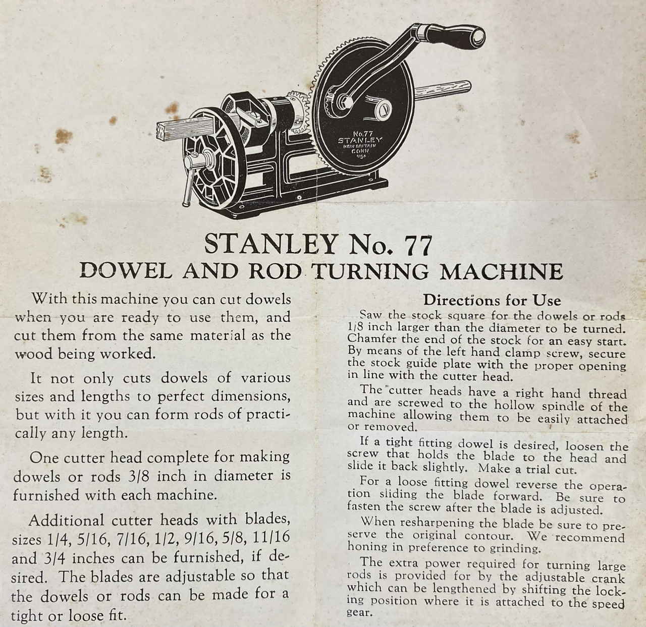 Stanley #77 Dowel Maker Instruction Sheet