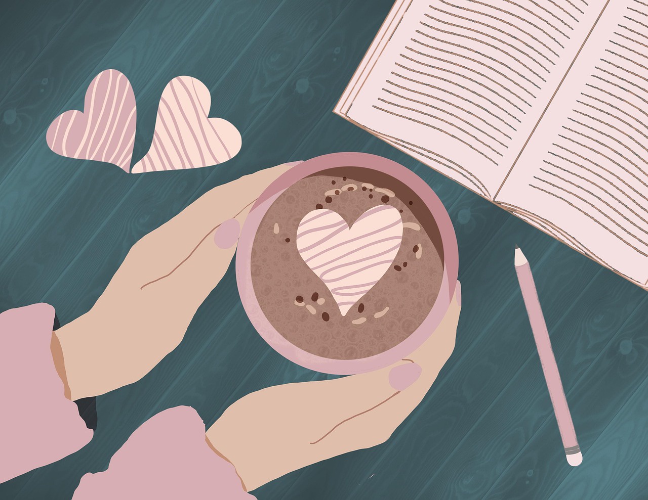 An illustration of a woman's hands holding a cup of cocoa from aove. Her nails are painted pink. Her sweater is pink. The mug is pink. There is an open book on the surface of the wood table under her hands. There are two heart cutouts on the table and one on the cocoa. There is a pencil beside her hands.