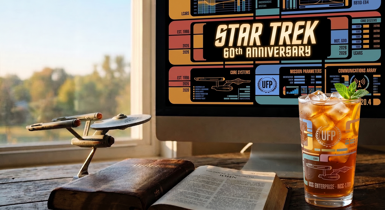 A model of the USS Enterprise, an open Bible and a Star Trek-themed glass of iced tea sit on a wooden desk beside a window. A monitor displays a colorful Star Trek 60th Anniversary interface.