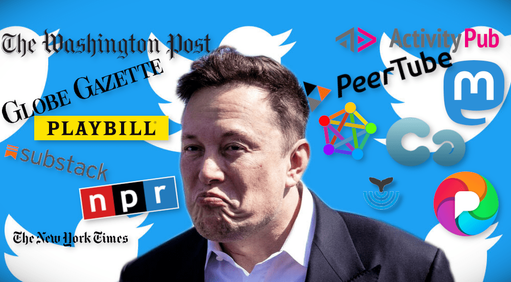 Frowning Elon surrounded by news media and social media logos