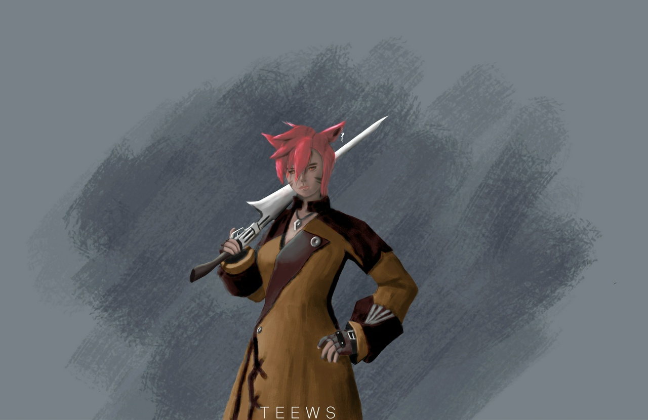 Digital drawing of a red-headed Miqo'te from Final Fantasy 14 holding a gunblade resting on her shoulder.