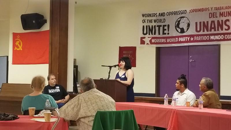 Jessica Schwartz from the Freedom Road Socialist Organization speaking at event