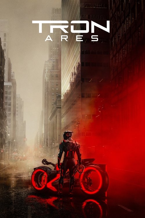 Promotional poster for "TRON Ares" featuring a futuristic motorcycle and rider in a reflective suit, standing on a rain-soaked city street bathed in red light. The towering buildings fade into a foggy, overcast sky.