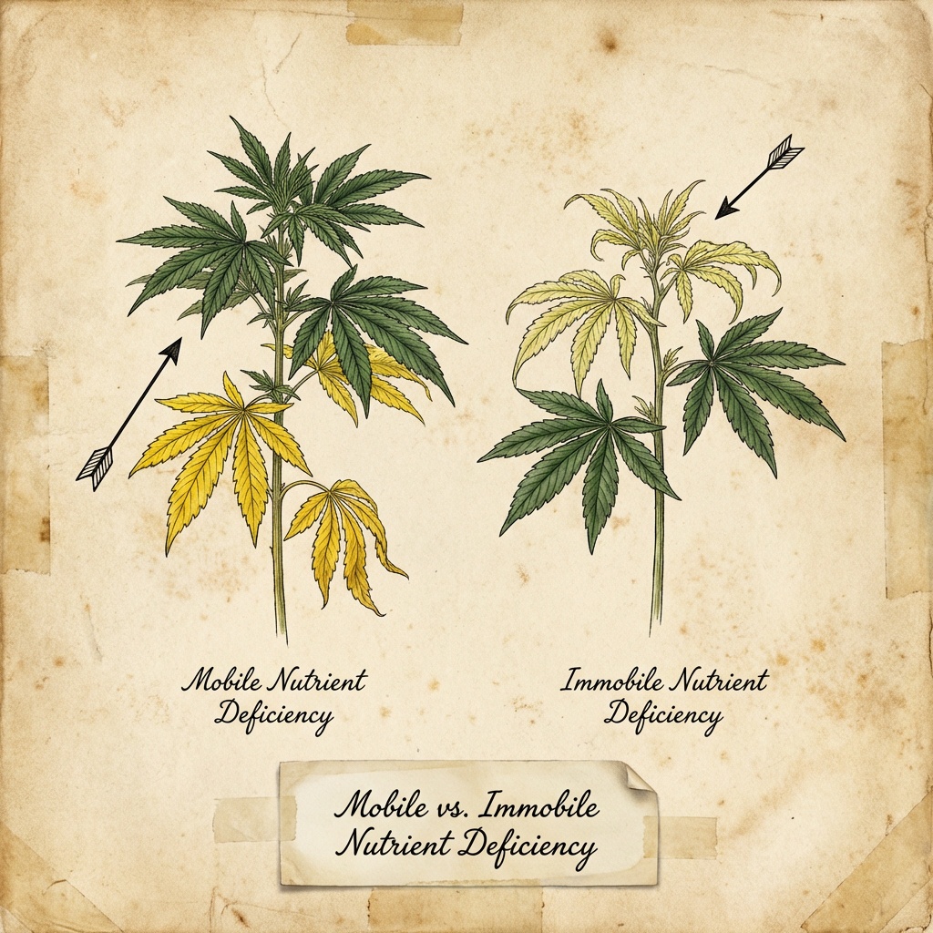 Mobile vs immobile nutrient deficiency in cannabis - bottom-up yellowing versus top-down symptoms diagnostic comparison