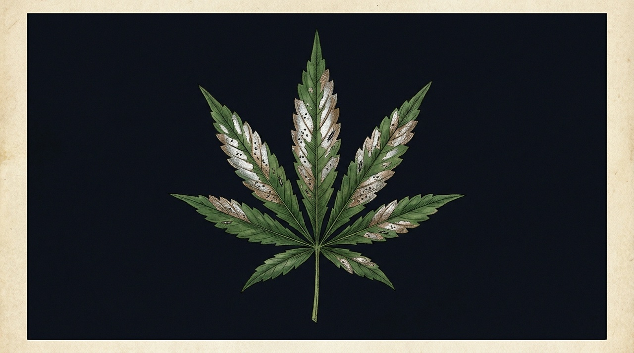 Thrips damage on cannabis - a fan leaf with metallic silver-bronze streaks and scattered dark fecal specks, botanical illustration