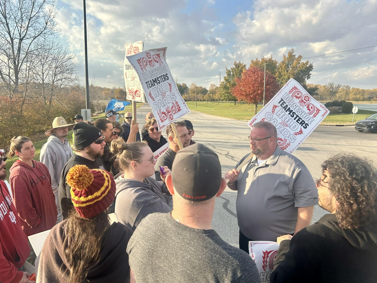 Teamsters Local 135 President Dustin Roach addresses striking dealers outside Horseshoe casino, moments after the Shelbyville police illegally evicted the strikers.