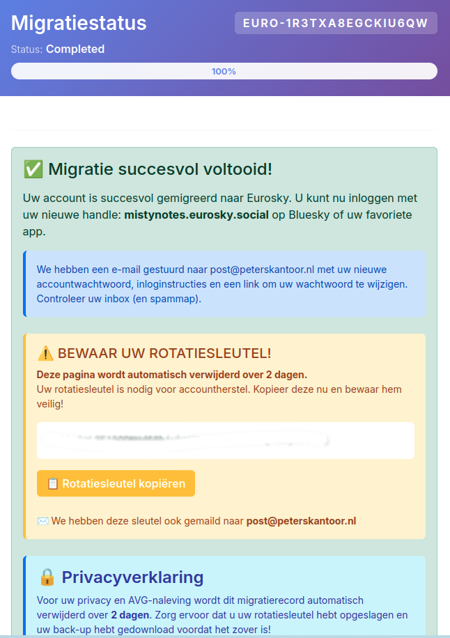 Informatievenster met de melding dat de migratie gelukt is, en een migratiesleutel wordt getoond voor eventueel accountherstel