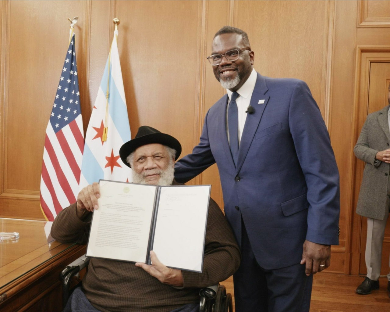 Chicago Mayor Brandon Johnson with Frank Chapman of the Chicago Alliance Against Racist and Political&nbsp;Repression.