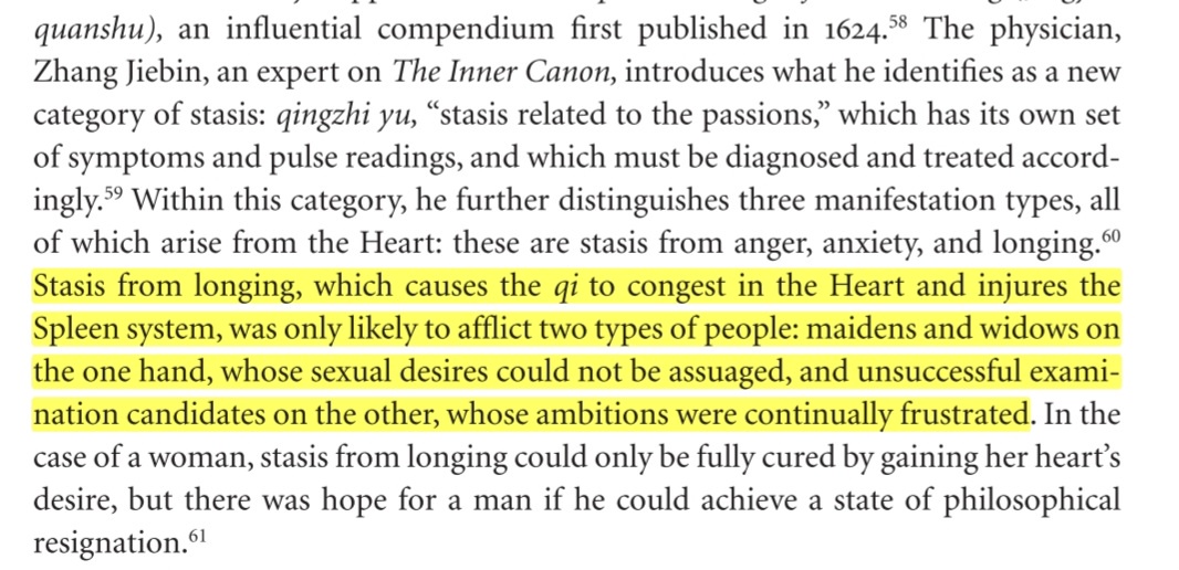 The physician, Zhang Jiebin, expert on The Inner Canon, introduces what he identifies as a new category of stasis: qingzhi yu, “stasis related to the passions,” which has its own set of symptoms and pulse readings, and which must be diagnosed and treated accordingly. Within the category, he further distinguishes three manifestation types, all of which arise from the Heart: these are stasis from anger, anxiety, and longing. Stasis from longing, which causes the qi to congest in the Heart and injures the Spleen system, was only likely to afflict two types of people: maidens and widows on the one hand, whose sexual desires could not be assuaged, and unsuccessful examination candidates on the other, whose ambitions were continually frustrated. In the case of a woman, stasis from longing could only be fully cured by gaining her heart’s desire, but there was hope for a man if he could achieve a state of philosophical resignation.