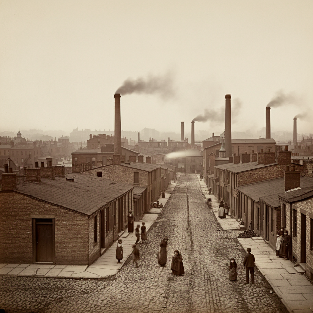 The grimy 'Slaughterhouse Row' meatpacking district as it looked in the late 1800s, within the fictitious US Midwestern city of Progress, in an image generated by AI. The grimy "Slaughterhouse Row" meatpacking district as it looked in the late 1800s, within the fictitious US Midwestern city of Progress, in an image generated by AI.