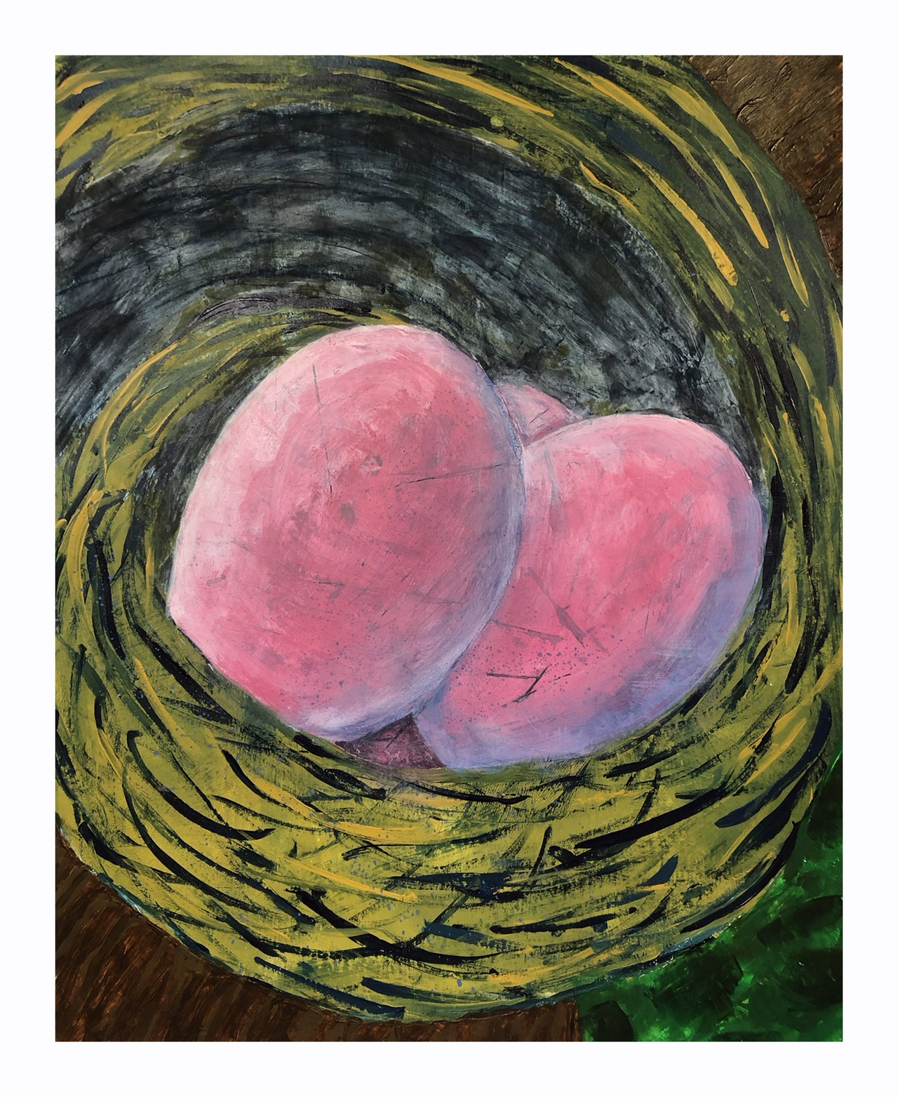 A swirl of ochres and blues appear as a nest, wrapping around three pinkish purple textured eggs