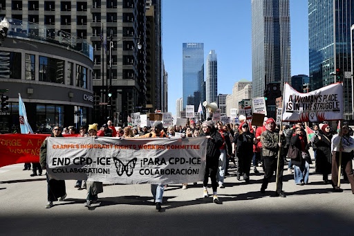 Chicagoans marching to Trump Tower for International Women's Day. 