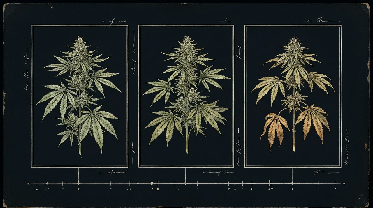 Three antique botanical study plates side by side - two vigorous cannabis specimens and one with drooping, ochre-faded lower leaves - above a fine ink rule punctuated with engraved tick marks like a season of logged entries