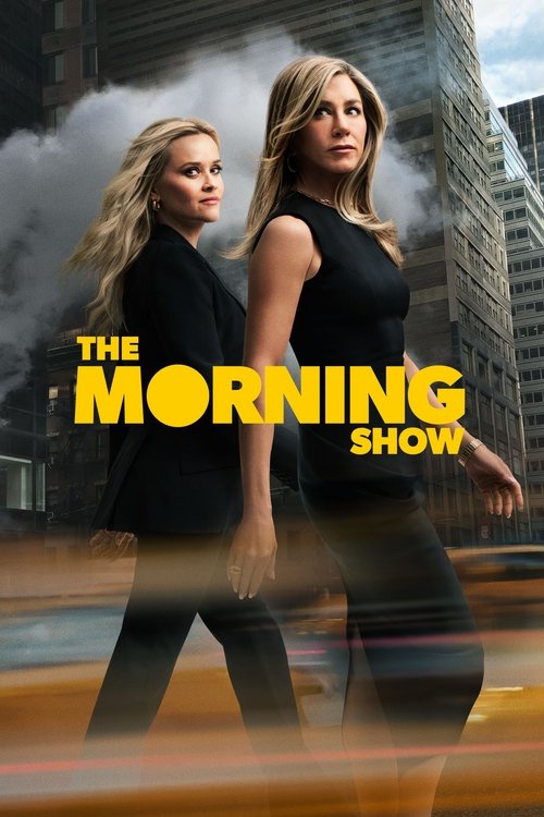 Promotional poster for "The Morning Show" featuring two women in black outfits standing back-to-back with a cityscape background and the show's title in bold yellow letters at the bottom.