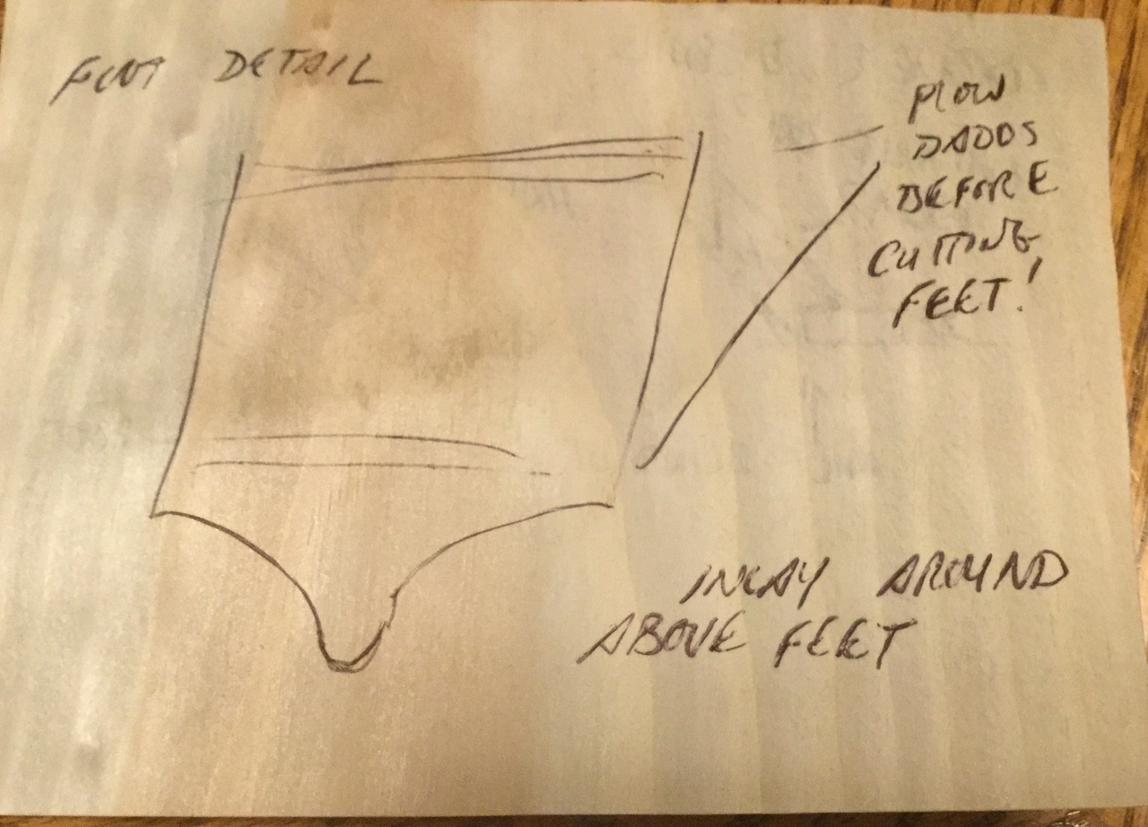 Foot / corner detail sketch with ideas for decorating the corners