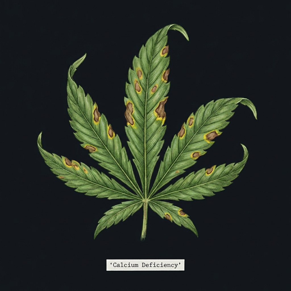 Calcium deficiency - brown necrotic spots on upper cannabis leaves, botanical illustration
