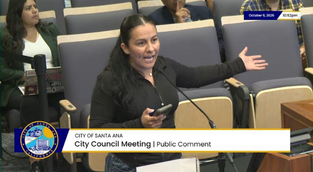 Angry Santa Ana residents at city council meeting.