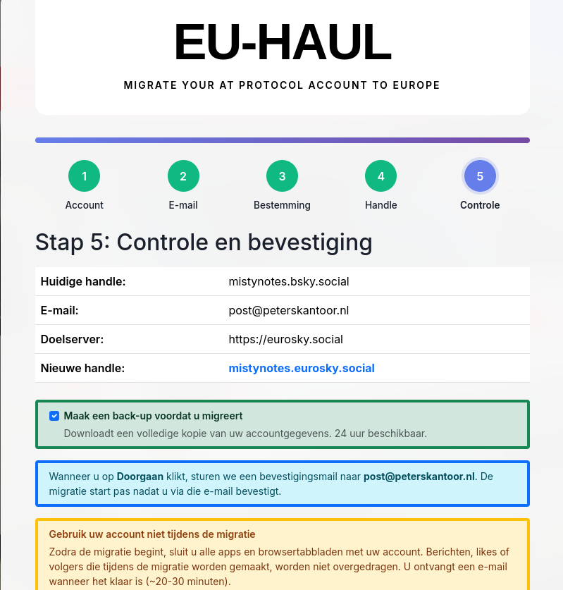 Stap 5 formulier met een samenvatting van de gegevens handle, e-mail, doelserver en nieuwe handle