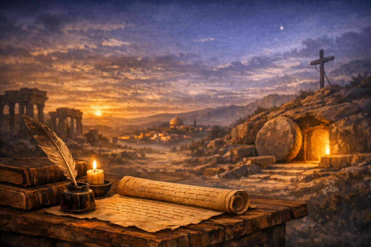 scroll, quill, open tomb at twilight
