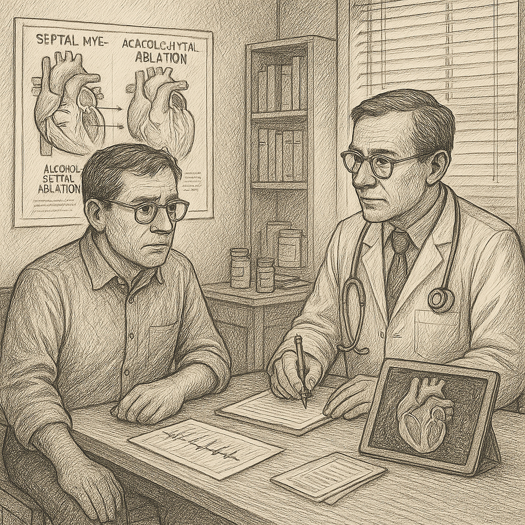 Detailed pen-and-ink illustration showing a patient consulting with a cardiologist in a medical office. The patient, a middle-aged man with glasses, sits at a wooden desk, looking thoughtful. Across from him, the doctor wears glasses, a tie, and a stethoscope, leaning forward while writing on a notepad. On the desk lie medical charts and a tablet showing a heart image. Behind them is a wall poster labeled “Septal Myectomy” and “Alcohol Septal Ablation,” a bookshelf, and a window with blinds filtering soft light.